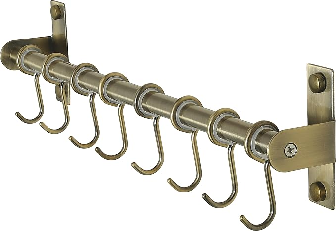 Dseap Kitchen Utensil Holder Hanger, Pot and Pan Rack Wall Mount, Kitchen Rail with 8 Hooks for Hanging Cooking Utensils, Mugs, Spoons, Wall Mounted, Stainless Steel, Bronze