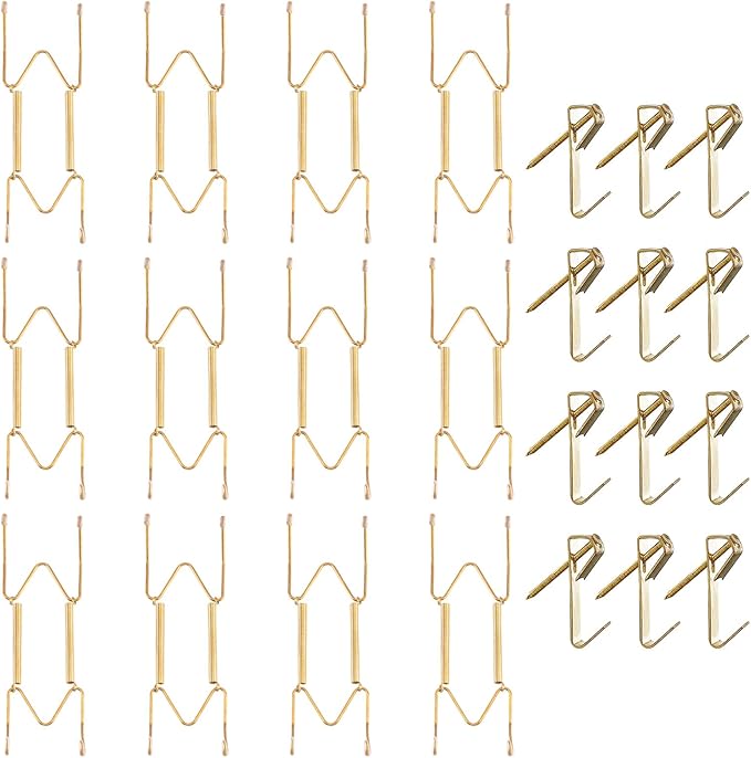 Bilillo 12 Pieces Invisible Heavy Duty Plate Holders, Stainless Steel Plate Hangers for The Wall, Plate Hangers for Display with Wall Hooks, Suitable for 6-8 inch Decorative Plates and Arts (Gold)