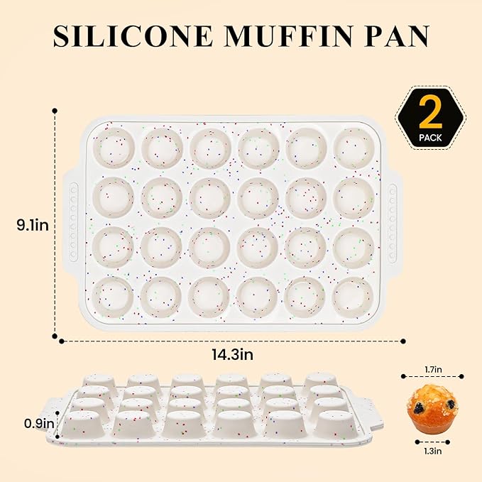 Vinino 2-Pack Silicone Mini Muffin Pan for Baking, 24 Cup Mini Cupcake Pan with Metal Reinforced Frame, Nonstick Muffin Tray with Non-Slip Handle, Silicone Molds for Oven, BPA Free, Dishwasher Safe