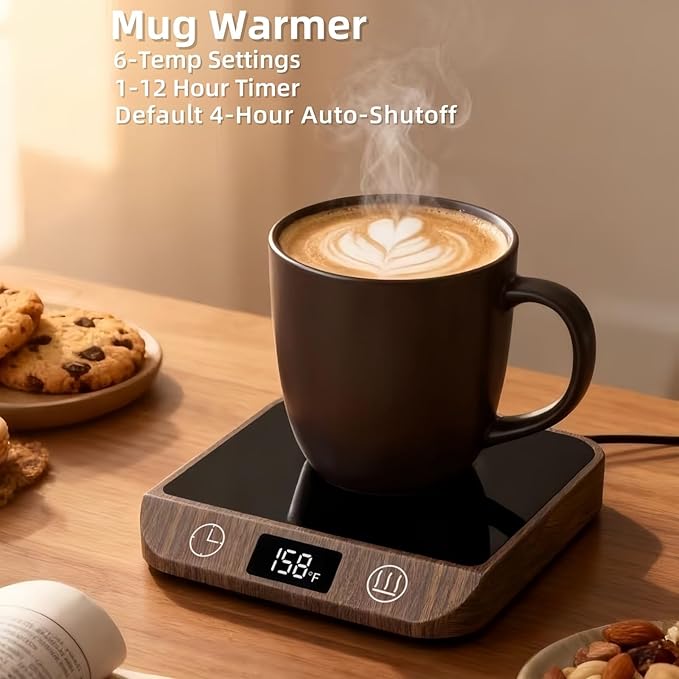Coffee Mug Warmer & Candle Warmer 46W Electric Cup Warmer for Desk - Smart Digital Display 6 Heat Settings Timer Auto Shut-Off Work from Home Office Gift (Wood)