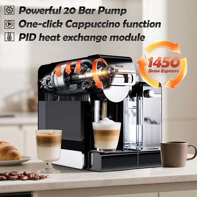 PULZO Espresso Machine with Integrated Automatic Milk Frother, capsule coffee maker for K*cup capsule/Ne*s Original/coffee powder, One Touch Latte & Cappuccino