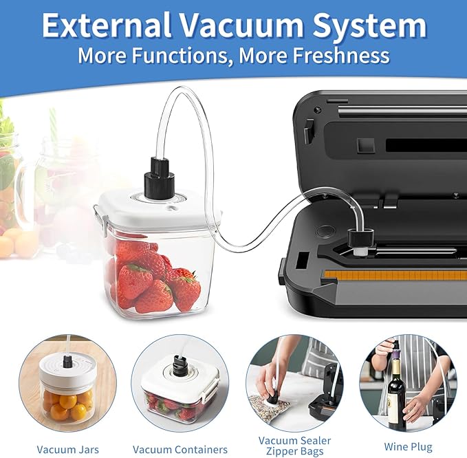 Vacuum Sealer Machine, Food Sealer Machine 80KPA Automatic for Food Saving Dry/Moist Mode with Build-in Cutter & Storage, Air Suction Hose, One-Touch,High Suction Power