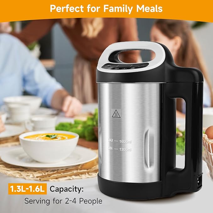 Homtone 1.6L Soup Maker, Stainless Steel Soup Making Machine with Smooth & Chunky Settings, Anti-Dry Burn, Overfill Sensors, Self-Cleaning Mode for Quick Soups, Baby Food