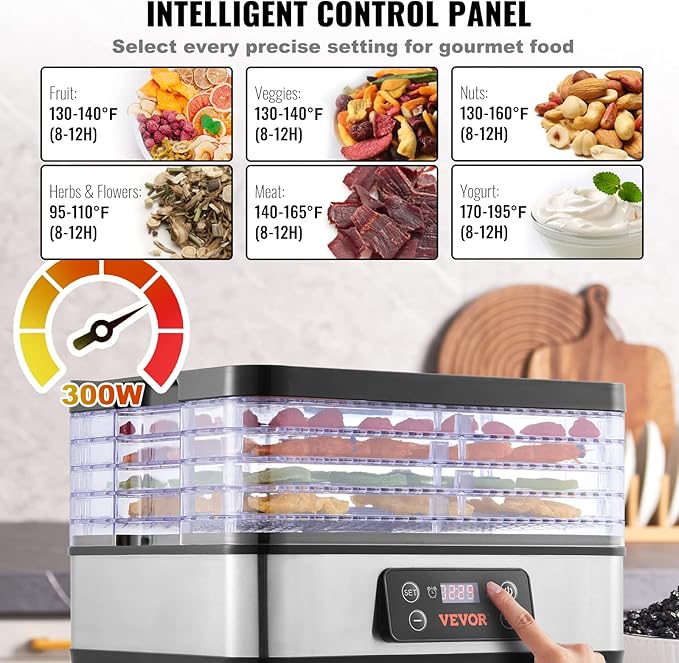 VEVOR Food Dehydrator Machine, 5-Tray Fruit Dehydrator, 300W Electric Food Dryer w/Digital Adjustable Timer & Temperature for Jerky, Herb, Meat, Beef, Fruit, Dog Treats and Vegetables, ETL Listed