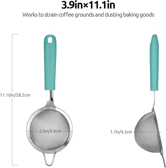 U-Taste 12 Piece Measuring Cups and Spoons Set in 18/8 Stainless Steel (Multicolors), and 18/8 Stainless Steel 3.9 inch 30 Mesh Strainer (Aqua Sky)