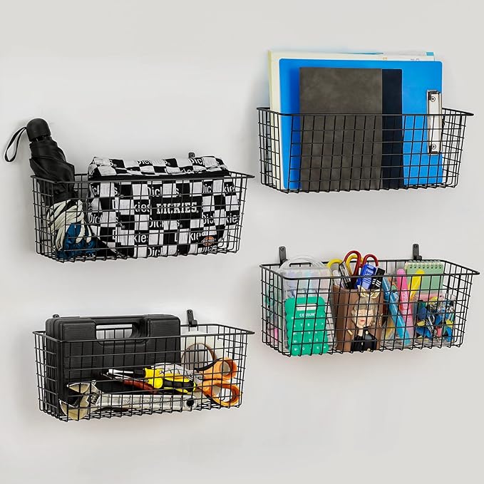 4 Set [EXTRA LARGE] Hanging Wall Mount Storage Baskets with Adhesive Hooks & Steel Hooks, Multiuse Sturdy Wire Metal Organizing Baskets for Home Kitchen Bathroom Pantry Utility Organizer, Black