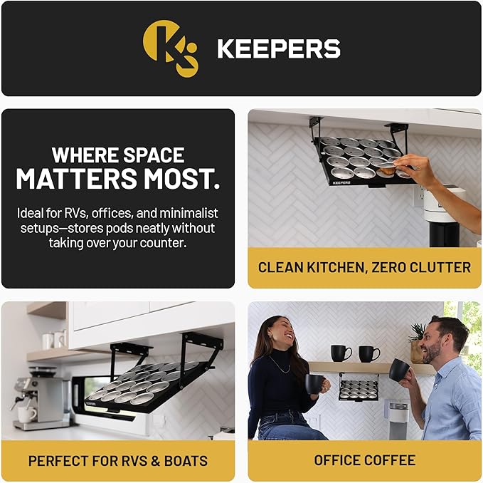 KEEPERS Nespresso® Vertuo® Pod Holder|Under Cabinet Swing Down Coffee Pod Organizer|Keurig® Coffee Pod Holder|K Cup Holder Storage Organizer|Magnet Steel RV Office Small Kitchen 10x9in BLACK