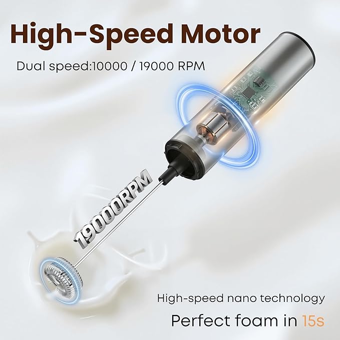 Rechargeable Milk Frother with Stand, Electric Whisks Foam Maker, POWERFUL USB C 2 Speed Handheld Drink Mixer for Coffee, Latte, Cappuccino, Matcha Drinks,Silver