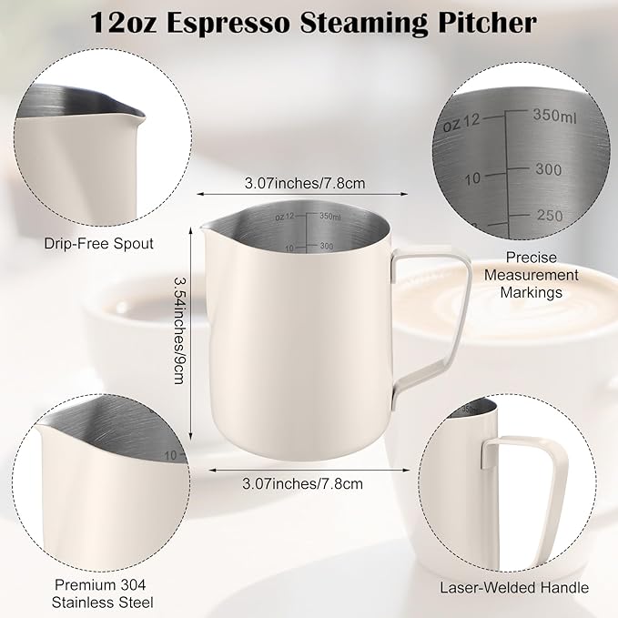 Honeydak 6 Pcs Milk Frothing Pitcher 304 Stainless Steel Steaming Pitchers for Coffee Bar Cappuccino Barista Tools Milk Jug Steamer Frother Cup (12 oz,White)