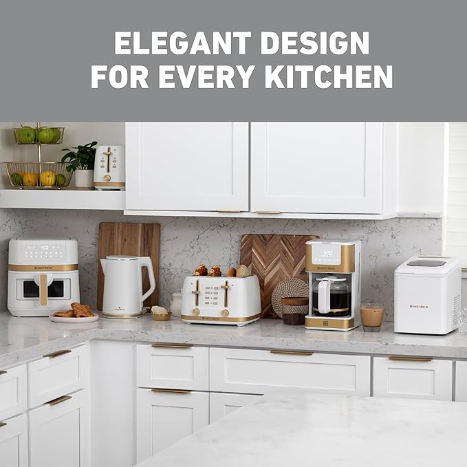 West Bend Timeless Ice Maker Mighty Ice Countertop Design Makes 26 Pounds of Bullet-Shaped Ice Cubes in 24 Hours, Digital Touch Controls and Self Cleaning Function, Includes Scoop, White/Gold