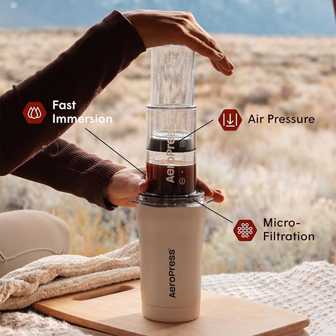 AeroPress Go Plus, Small Portable Coffee Maker Kit, Travel, Camping & Office, All-in-One French Press, Pour-Over & Espresso Style Manual Brewer, 2 Min Brew for Less Bitterness, More Flavor, Cream