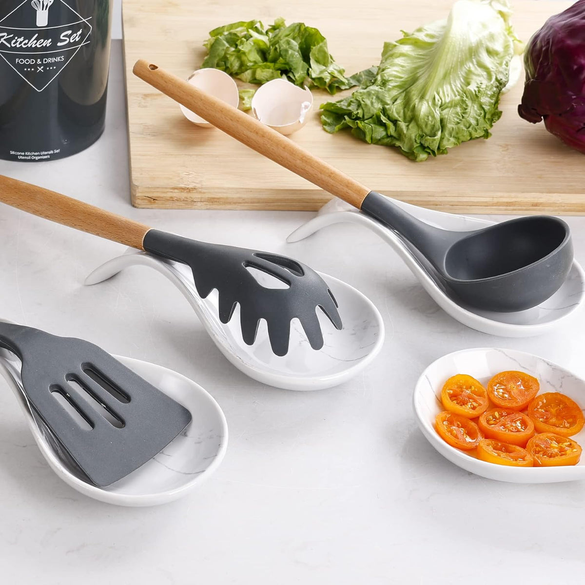 Spoon Rest for Stove Top, Kitchen Spoon Holder, White Marble Spoon Rest for Counter, Ceramic Cooking Utensil Rest for Spatula, Ladle, ANTIS'S HOME