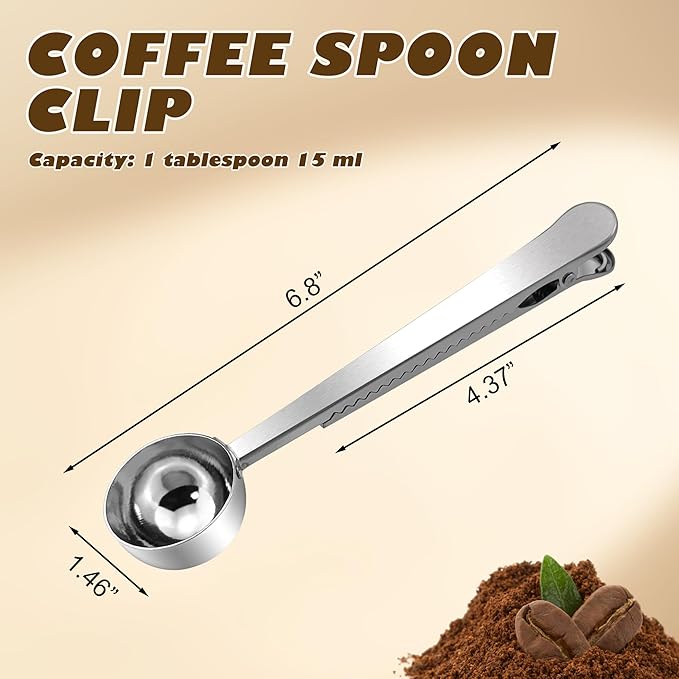 Quacc Stainless Steel Coffee Scoop with Bag Sealing Clip, 2-in-1 Coffee Measuring Scoop for Coffee Beans, Milk Powder, Loose Tea, Spices (Silver)