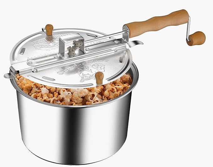 Stovetop Popcorn Maker - 6-Quart Aluminum Popcorn Popper with Hand Crank, Vented Lid, and Stir Paddle by Great Northern Popcorn (Silver)