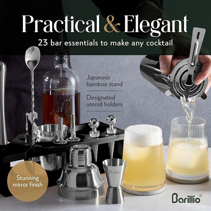 Barillio Silver Bartender Kit - Stainless-Steel Cocktail Shaker Set w/Black Bamboo Stand - Mixology Bar Tools w/Drink Shaker, Mixer & Muddler for Cocktails - Home Bar Accessories - 23-Pc Bar Set