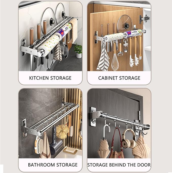 Hanging Wall Mount knife Wall Mount, Kitchen Organizer Storage Shelf for Utensils Spatula Spoon, Space-Saving Knife Rack with Hooks,Wall-Mounted Utensil Holder (Silver, 50CM+Single Pole+8Hooks)