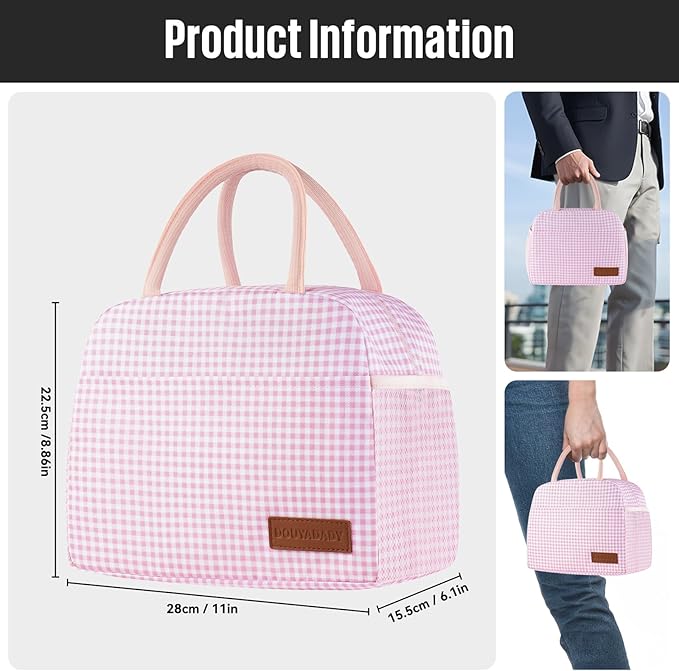 douyadady Lunch Bag Women/Men Lunch Box Women/Men (Pink+White Grid)