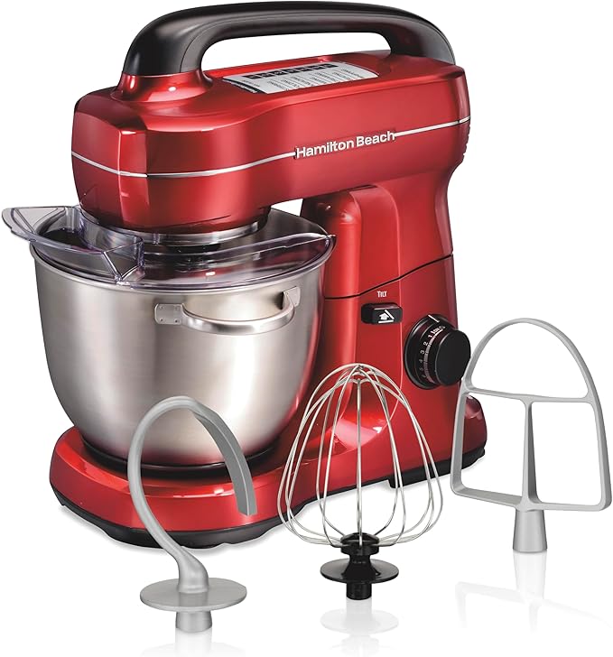 Hamilton Beach Electric Stand Mixer, 4 Quarts, Dough Hook, Flat Beater Attachments, Splash Guard, 7 Speeds with Whisk, Easy-Carry Top Handle, Red