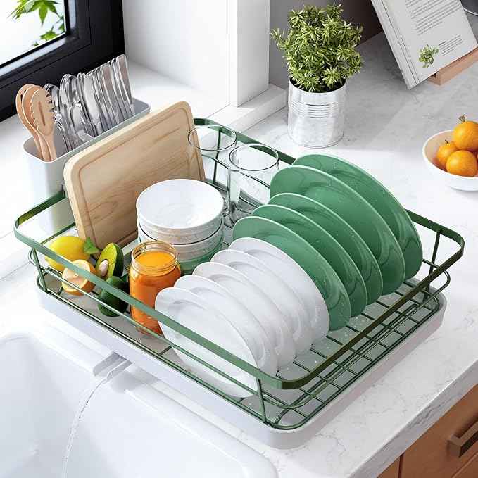 Kitsure Dish Drying Rack for Kitchen Counter, Stainless Steel Sink Organization and Storage Essentials with Cutlery Holder, Home and Appartment Decor, 12''W x 15.5''L, Green