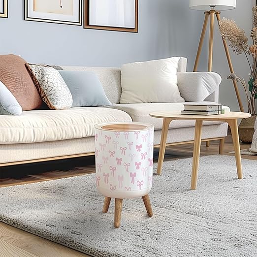 Trash Can with Lid Pink Bow Cute Seamless Elegant Coquette Hand Drawn Ribbon Press Top Round Small Garbage Bin with Wooden Legs Waste Basket for Kitchen Bedroom Nursery 7L/1.8 Gallon