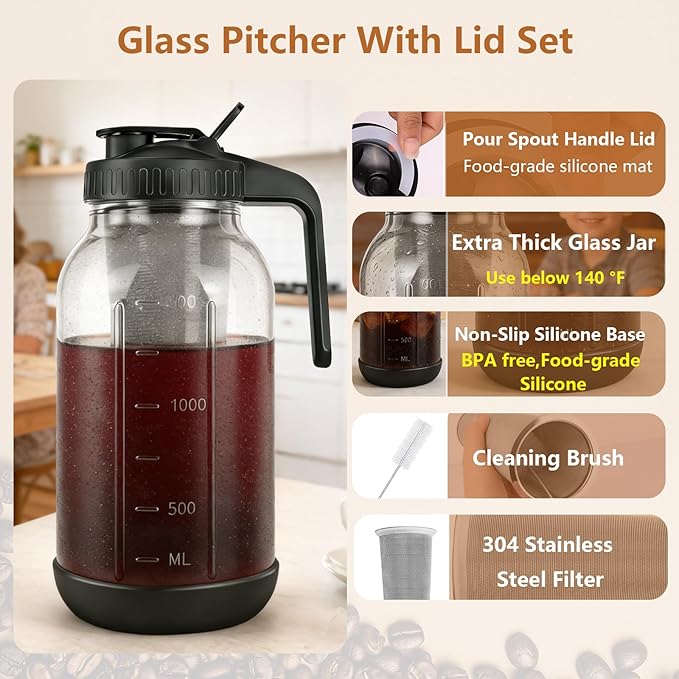 Cold Brew Coffee Maker, 64oz Mason Jar Pitcher with Stainless Steel Filter, Sealed, Leak-Proof Lid with Pour Spout & Handle, Heavy Duty Glass Iced Coffee Tea Brewer with Non-Slip Silicone Base-Black