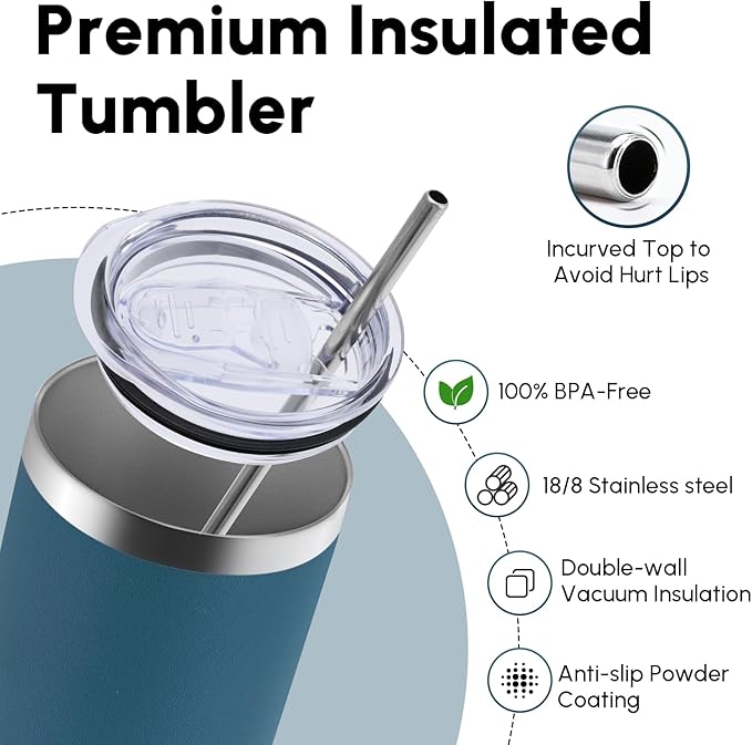 Volhoply 8 Pack Skinny Tumblers with Lid and Straw, 20oz Stainless Steel Straight Tumbler Bulk, Vacuum Insulated Coffee Mug for Home, Office, Travel, DIY (Dark Green,8 Pack)