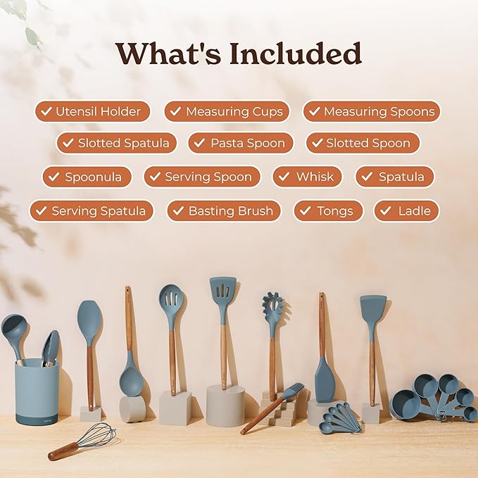 Silicone Kitchen Utensils Set & Holder: Cooking Utensils Set - Kitchen Essentials for New Home & 1st Apartment- Silicone Spatula Set, Cooking Spoons for Nonstick Cookware (Acacia Wood, Blue)