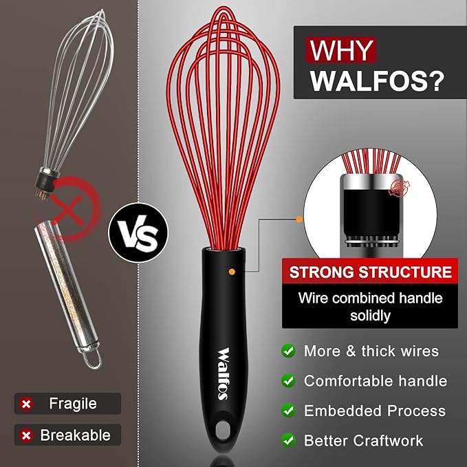 Walfos Whisk,Silicone Whisks- Heat Resistant（480°F） Silicone Whisks for Cooking Non Scratch,BPA free and Dishwasher Safe.Perfect for Blending,Whisking,Beating, Set of 3(Red)