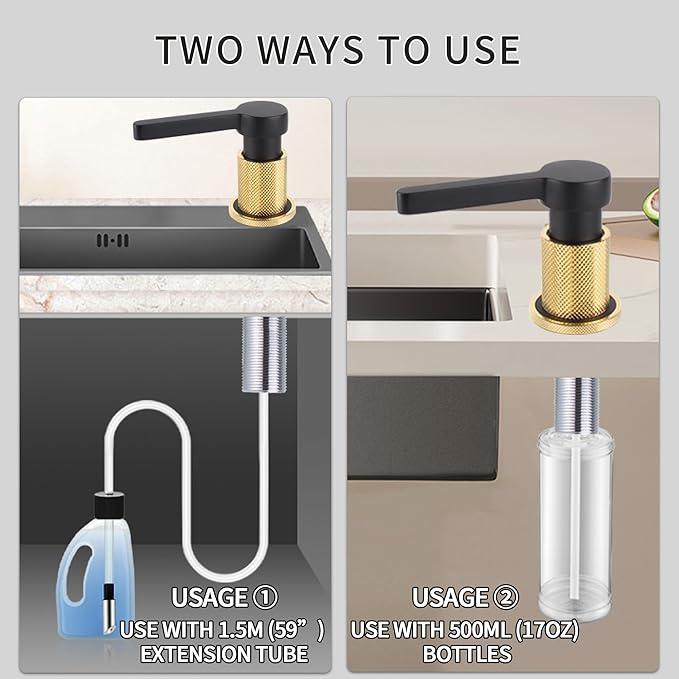 SD-80 All Brass Sink Soap Dispenser for Kitchen Sink Copper Pump Built in Dish Soap Dispenser with 17.6 oz(520ml) Bottle and 59"(1.5m) Extension Tube Kit (Matte Black)