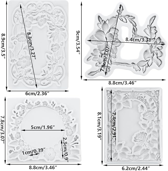 Flower Photo Frame Silicone Mold Wreath Fondant Molds Picture Frame Molds For Cake Decoration Cupcake Topper Polymer Clay Chocolate Candy Gum Paste Set of 4