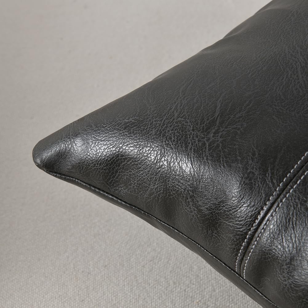 Fancy Homi Dark Gray Long Lumbar Faux Leather Decorative Throw Pillow Covers 12x24 Inch for Outdoor Couch Bed, Modern Farmhouse Boho Home Decor, Grey Hand Stitched Cushion Case 30x60 cm