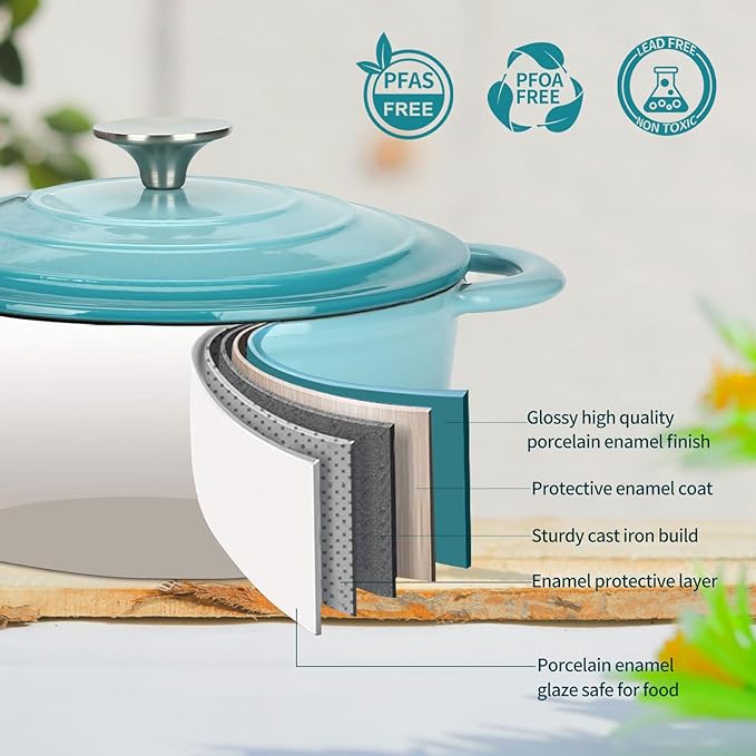 COOKWIN Cast Iron Dutch Oven, 3 QT Round Dutch Oven Pot with Self Basting Lid for Home Baking, Braiser, Cooking, Great Christmas Gifts for Family,Teal