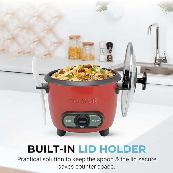Courant Rice Cooker 8-Cup (Cooked), Removable Non-Stick Bowl, One Touch Rice Cooker, Red
