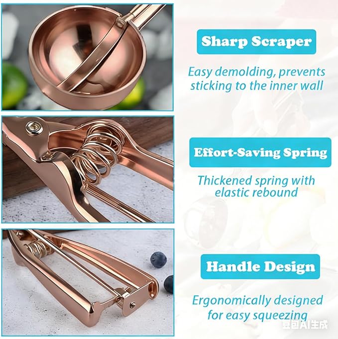 Stainless Steel Ice Cream Scoop Polished Melon Baller Scoop Metal Ice Cream Scoop with Trigger Cookie Scoop for Baking 3 sizes Fruit Spoons Kitchen (Rose Gold, M)