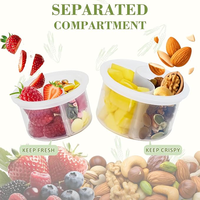 Miuyhji Overnight Oats Containers with Lids, 2-Pack Glass Mason Jars 16 oz with Lids, Folding Spoons and Separated Compartment, for Chia Pudding, Yogurt, Salad, Parfait Cups (Beige)