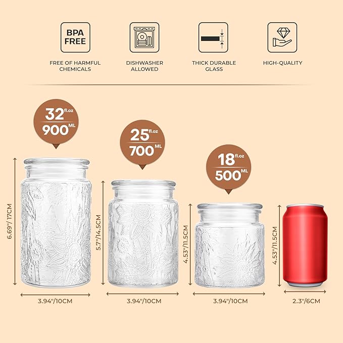 Adodeen 24oz Wide Mouth Mason Jars, 3-Pack Glass Jars With Lids, Pickle Canning Jars For Candy, Sugar, Coffee, Tea, Spice, Cookie, Dishwasher Safe