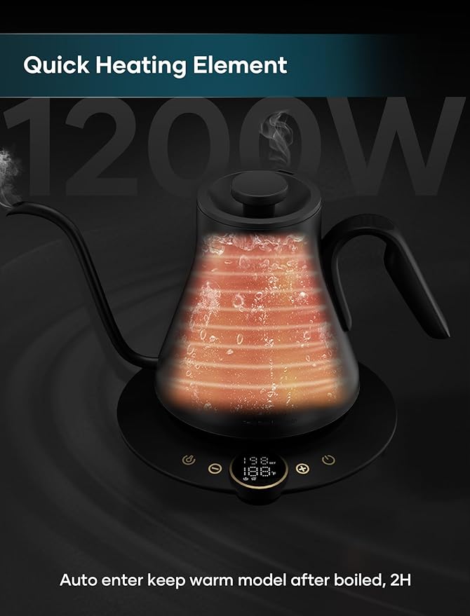 INTASTING Gooseneck Electric Kettle with ±1℉ Temperature Control for Pour Over Coffee & Tea, Quick Heating, BPA-Free Stainless Steel, Built-in Brew Timer, 1500W/0.9L (Black Walnut)
