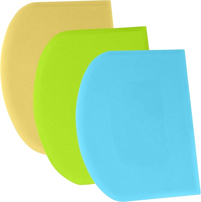 SURDOCA Dough Scraper Bench Scraper - 3P 9.5x6.1" Plastic Flexible Bowl Scraper, Sharp Edge & Angles Cake Scraper. Non-Slip Bakeware Decorating Tools Sculpting & Modeling Tools - Blue+Yellow+Green