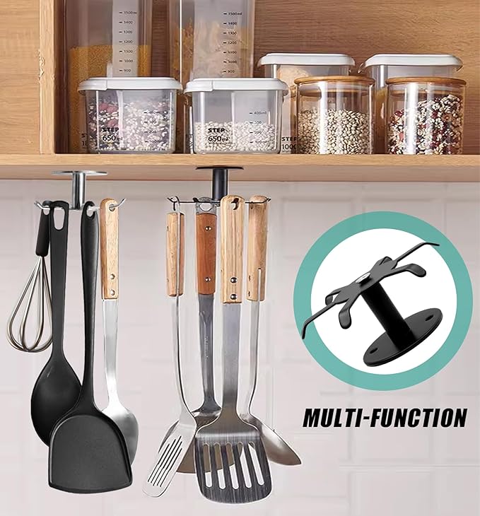 Zorfeter Under Cabinet Kitchen Utensil Hooks, Stainless Steel Utensil Racks 360°Rotating Drilling Free Adhesive Utensils Hanging Rack Holder, Black
