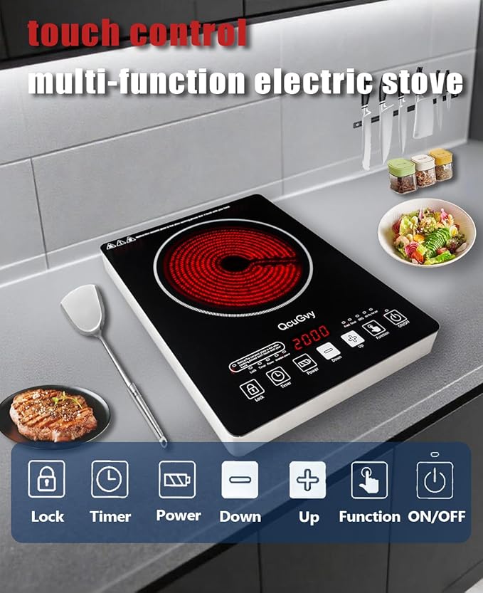 Portable Infrared Burner 2000W Electric Burner with 3 Hours Timer-Electric Hot Plate Touch Control Panel Adjustable Heating Power Glass Plate Electric Cooktop for Cooking (Black 2)