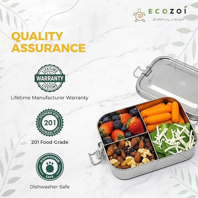 ecozoi Stainless Steel Lunch Box, Leak Proof 3 Compartment, Medium | Redesigned Silicone Seal | Sustainable Zero Waste Eco Friendly Bento Box Food Storage Container