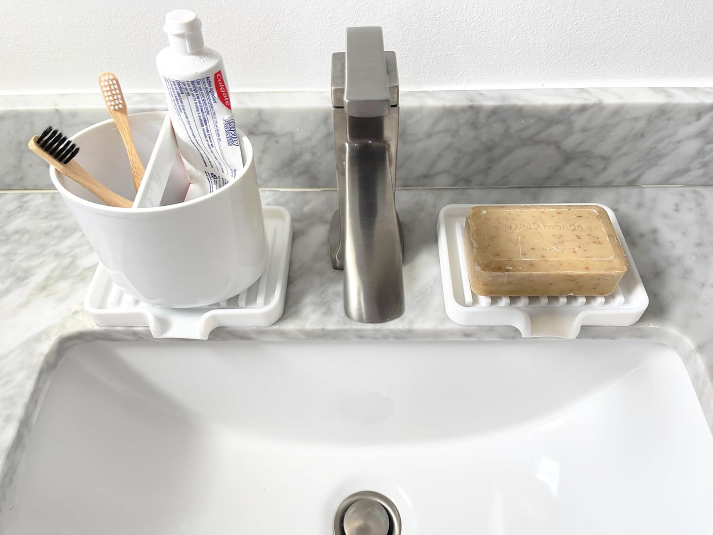 Happitasa Silicone Soap Dish Tray and Sponge Holder with Drain Chute, Pack of 2 | Bathroom and Kitchen Sink Organizer Caddy (Pale Yellow, 5.2"x4", 7.2 Ounces)