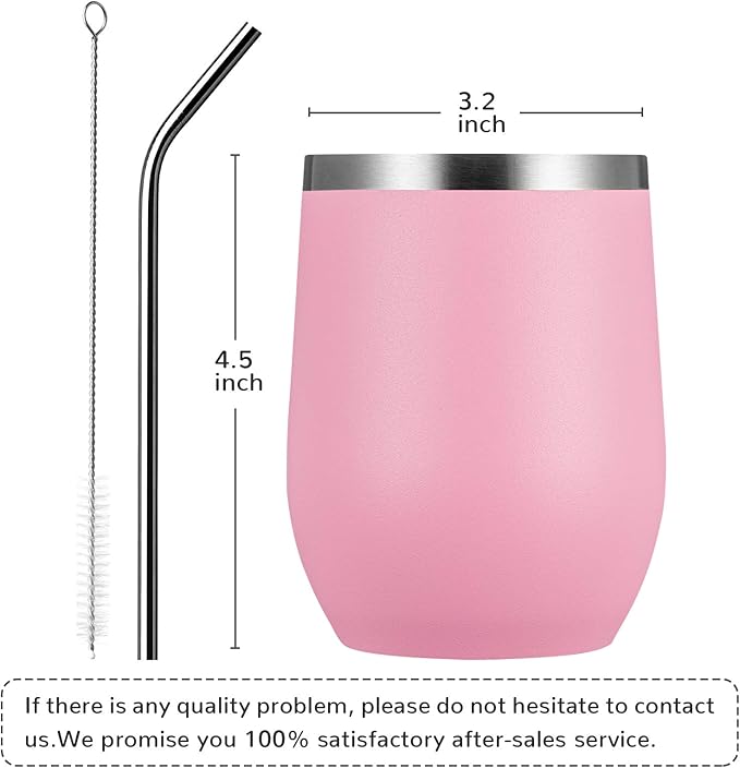 MEWAY Stemless 12oz Wine Tumbler Glasses with Lid -Insulated Double Wall Vacuum Stainless Steel Travel Tumbler with Straw,for Woman Under 10 dollars (Pink,1)