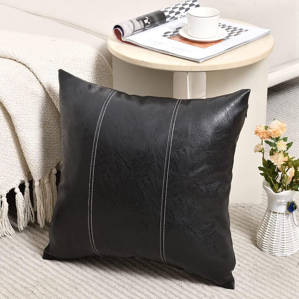 Fancy Homi Black Boho Faux Leather Decorative Throw Pillow Covers 16x16 Inch for Living Room Couch Bed Sofa, Rustic Modern Farmhouse Home Decor, Hand Stitched Square Cushion Case 40x40 cm