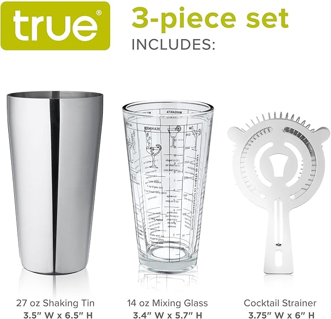 True 3-Piece Barware Set for Mixed Drinks and Cold Brew Cocktails, Includes Cocktail Shaker Tin, Cocktail Mixing Glass with 7 Printed Recipes, and Hawthorne Strainer, Home Bar Tools, Bartender Gifts