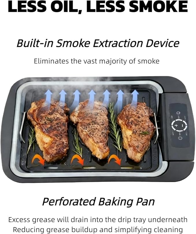 Indoor Smokeless Grill & Griddle, 1100W Electric Gill for BBQ, Smoke Extraction Device, 6-Speed Temperature Control, Non-Stick ‎Grill Plate with Oil Drain Holes, Dishwasher Safe, 5-Serving