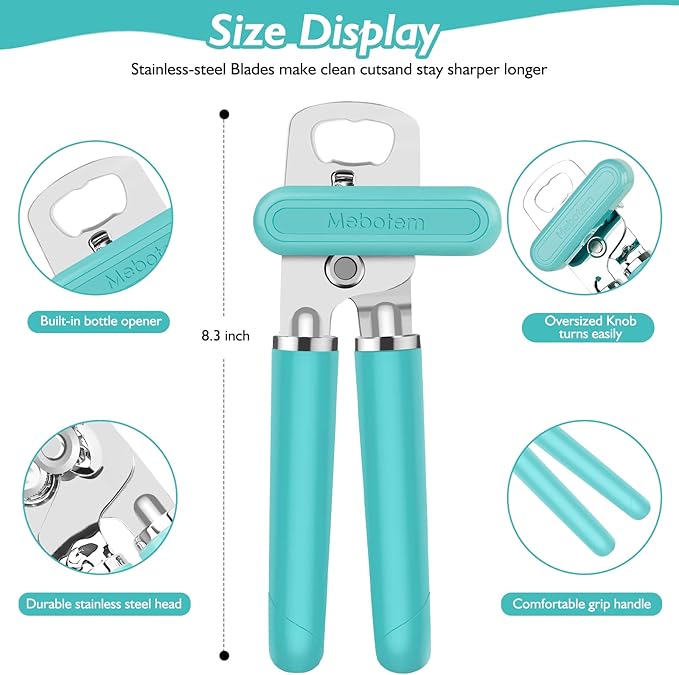 10 Colors Can Opener Manual Handheld Heavy Duty Hand Can Opener Smooth Edge Stainless Steel Can Openers Top Lid Kitchen Gadgets, Best Large Rated Easy Turn Knob, with Bottle Opener, Aqua Sky