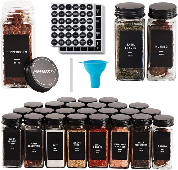 Skiileor 36 Pcs Spice Jars with Label- Glass Spice Jars with Black Metal Caps,Shaker Lids, Funnel, Chalk Pen, 4oz Seasoning Containers Bottles for Spice Rack, Cabinet, Drawer