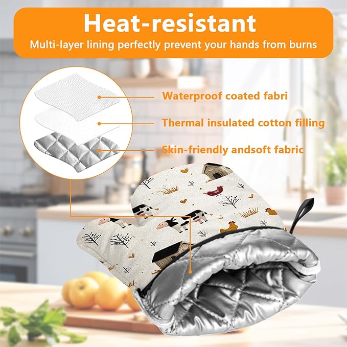 Farmhouse Chickens Oven Mitts and Pot Holders Sets 4Pcs Silicone Non-Slip Mitts Heat Resistant Gloves Hot Pads for Kitchen Cooking Baking Grilling BBQ Rooster