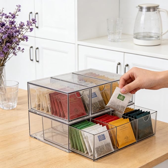 6-Pack Tea Bag Drawers Organizer – Clear Plastic Tea Bag Holder, Stackable & Portable, Wide Storage Drawers for Cabinet, Pantry, Kitchen Counter, Herbal Tea, Coffee Pods (6-Tier)